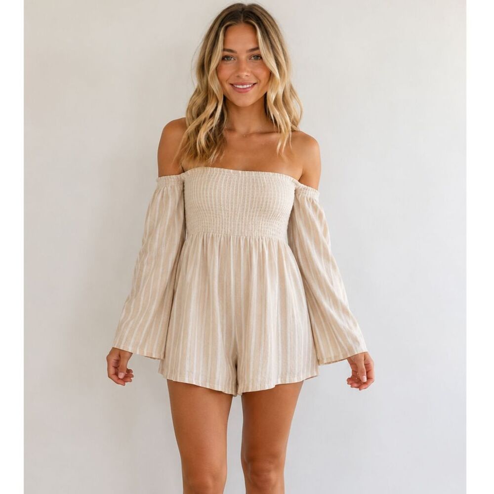 Billabong Women’s Smocked Long Sleeve Romper Beige Stripe Square Neck Size S